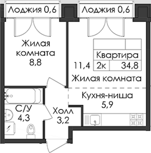 1-комнатная квартира 34.8 м², 9/9 эт., ЖК «Лермонтовский 54»